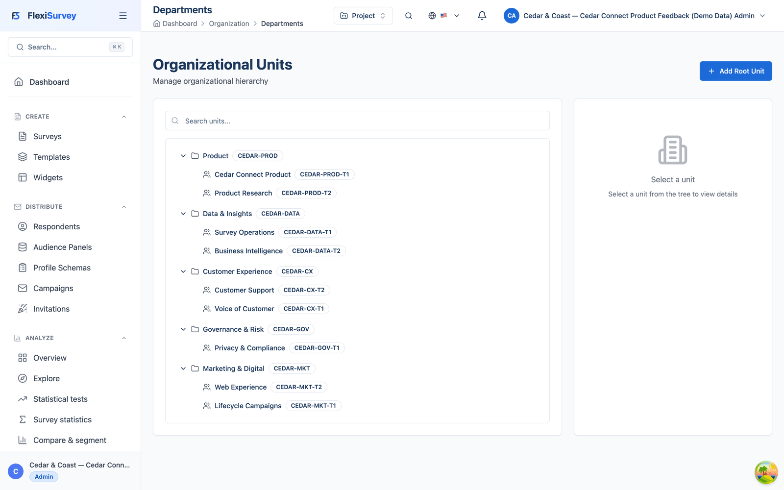 Cedar & Coast department and team hierarchy