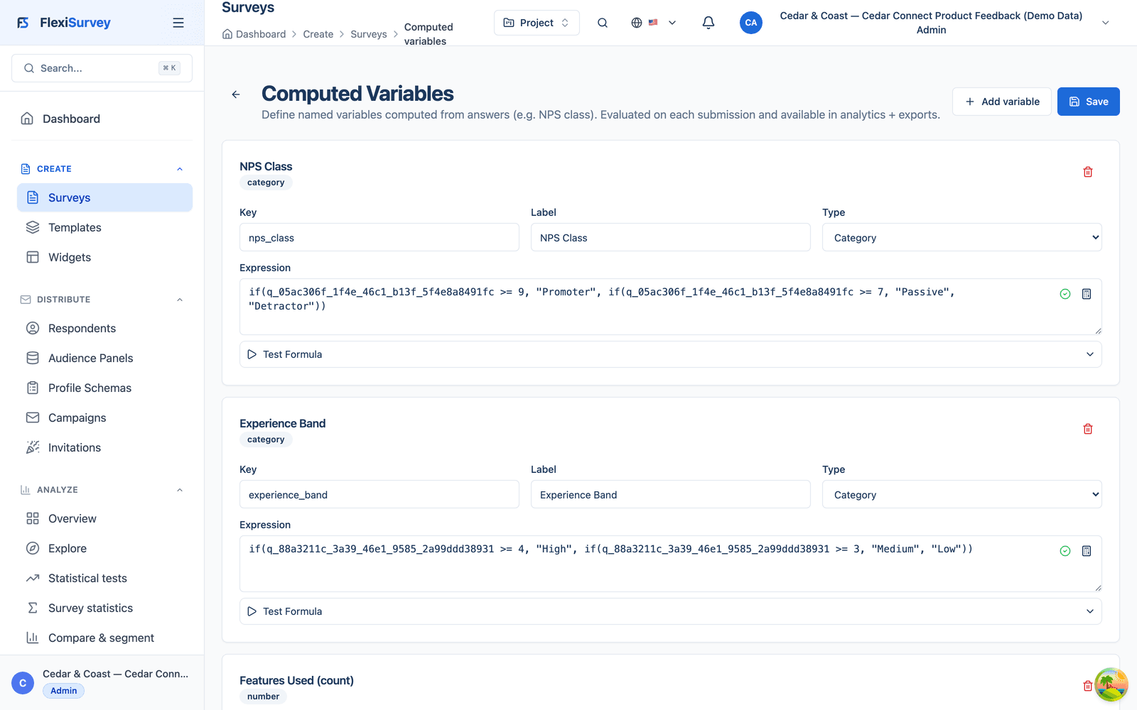 Computed values built over the survey's answers