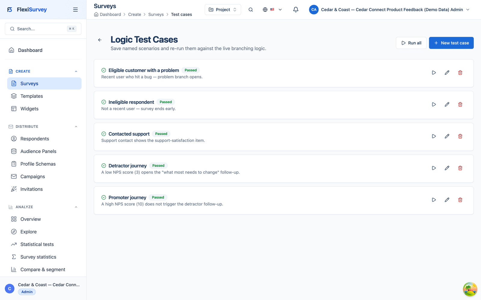 Saved logic test cases, run as a passing suite