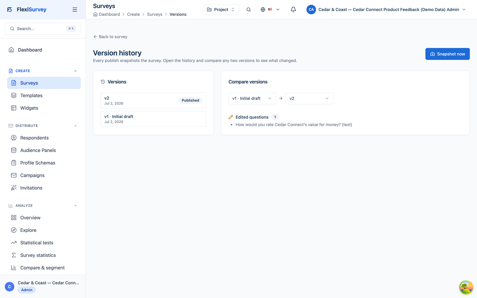 Version history with a question-level diff