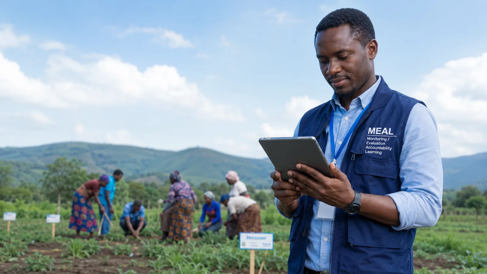 A field researcher collects survey data with a rural smallholder household