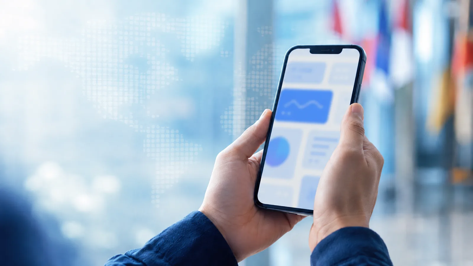 Una encuesta en un teléfono con un telón de fondo multilingüe y global
